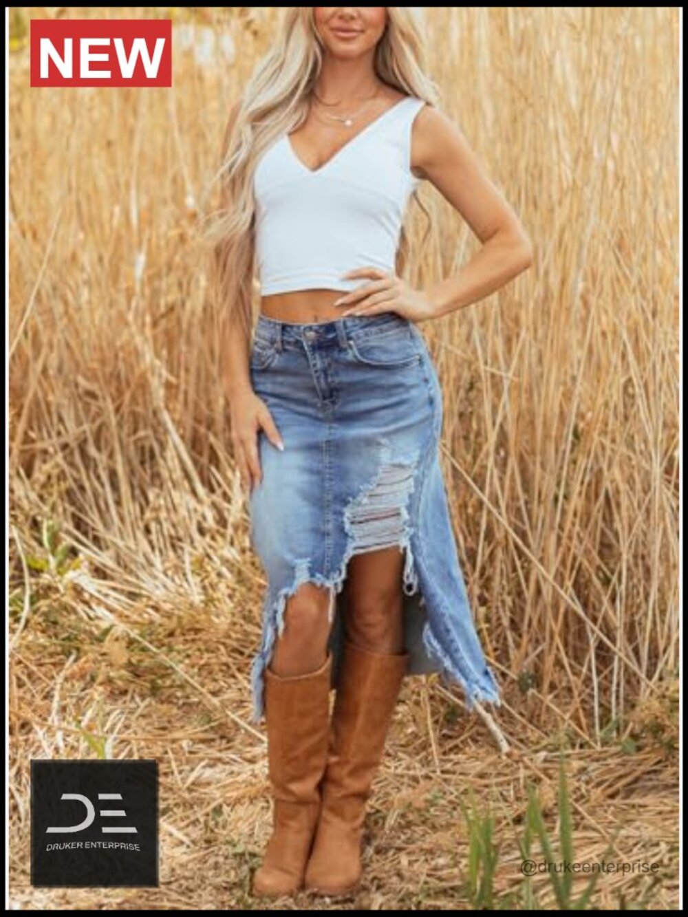 Preppy Ripped Slit Denim Skirt Frayed Raw Hem Asymmetrical Midi Western Jean - Picture 5 of 5